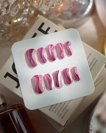 Pink Ribbons nails in short oval — Silky Pink & Berry