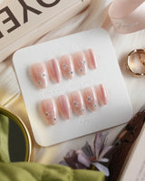 Pink Stardust nails in extra short almond — Pale Pink Jelly, Glitter