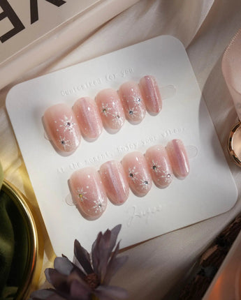 Pink Stardust nails in short oval — Pale Pink Jelly, Glitter