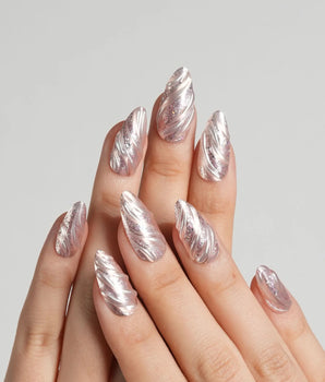 Velvet Twist handmade press-on nails featuring Pink silver chrome swirl 3D sculpted glitter overlay