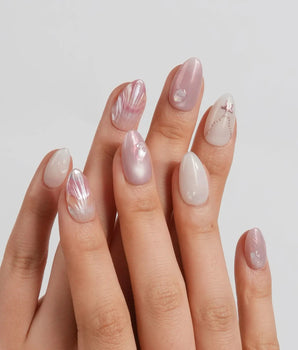 Pink Treasure rose and cream marble nails with crushed mother-of-pearl shimmer