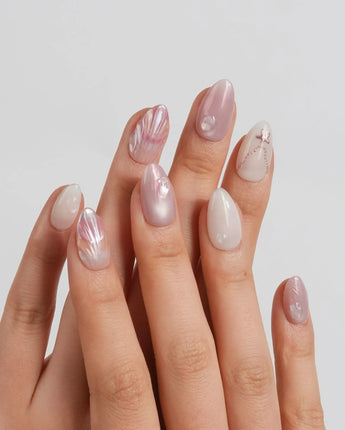 Pink Treasure rose and cream marble nails with crushed mother-of-pearl shimmer