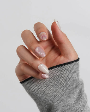 Pink Treasure extra short almond nail set with soft organic rose swirls