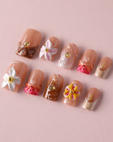 Tropical Nails Vibes pink tropical press-on nails with hand-painted flowers