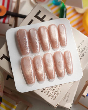 Pink Tulle Long Coffin press on nails, handmade custom nails by Joyeenails