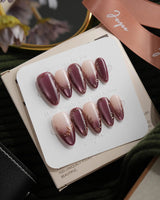Plum Wine Medium Almond plum press on nails with purple cat eye handmade nail art - image 1