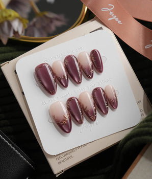 Plum Wine Medium Almond plum press on nails with purple cat eye handmade nail art - image 1