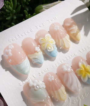 Plumeria-Island Breeze press-on nails — Dreamy Macarons, 3D Plumeria
