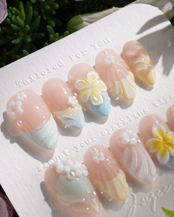 Plumeria-Island Breeze press-on nails — Dreamy Macarons, 3D Plumeria