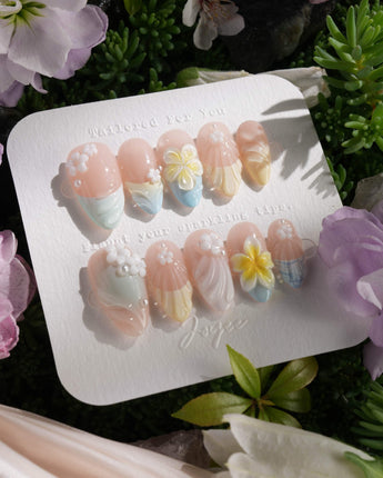 Plumeria-Island Breeze press-on nails — Dreamy Macarons, 3D Plumeria & Shell Textures. handmade nail art by Joyee Nails