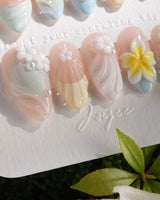 Plumeria-Island Breeze press-on nails — Dreamy Macarons, 3D Plumeria & Shell Textures. handmade nail art by Joyee Nails
