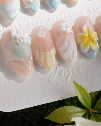 Plumeria-Island Breeze press-on nails — Dreamy Macarons, 3D Plumeria & Shell Textures. handmade nail art by Joyee Nails
