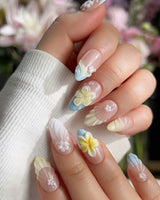 Plumeria-Island Breeze handmade press-on nails featuring Dreamy Macarons, 3D Plumeria & Shell Textures.