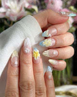 Plumeria-Island Breeze press-on nails — Dreamy Macarons, 3D Plumeria & Shell Textures. handmade nail art by Joyee Nails