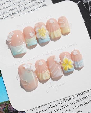 Plumeria-Island Breeze press-on nails in short square shape — Dreamy Macarons, 3D Plumeria & Shell Textures.