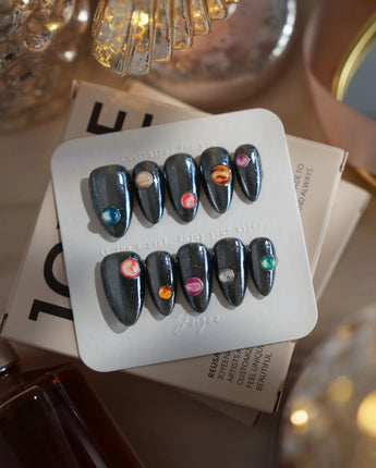 Pocket Universe nails in short almond — Starry Silver & Mirror