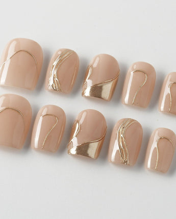 Poetic Glamour Nude press-on nails in extra short square shape — nude french tip gold line