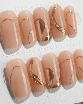Poetic Glamour Nude press-on nails in medium square shape — nude french tip gold line