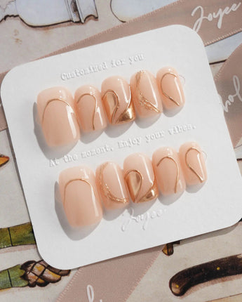 Poetic Glamour Nude press-on nails in short square shape — nude french tip gold line