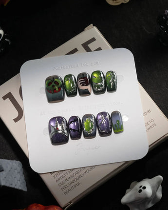 Poison Apple handmade press-on nails in extra short square shape by Joyee Nails