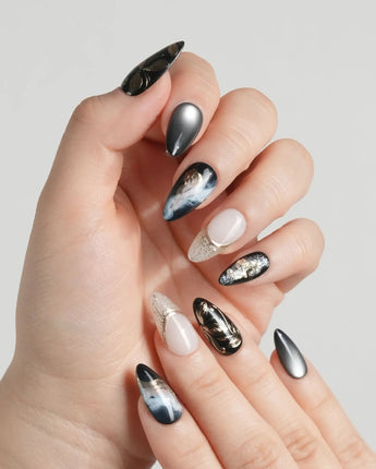 Poison Bloom press-on nails — Black & Gold, Sculpted Marble. handmade nail art by Joyee Nails