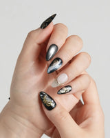 Poison Bloom press-on nails — Black & Gold, Sculpted Marble. handmade nail art by Joyee Nails