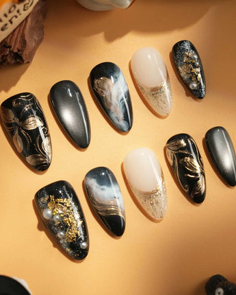 Poison Bloom handmade press-on nails featuring Black & Gold, Sculpted Marble.