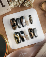 Poison Bloom press-on nails — Black & Gold, Sculpted Marble. handmade nail art by Joyee Nails