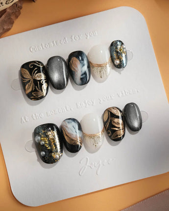 Poison Bloom press-on nails — Black & Gold, Sculpted Marble. handmade nail art by Joyee Nails