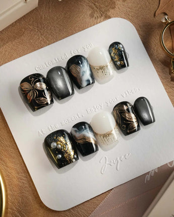 Poison Bloom press-on nails — Black & Gold, Sculpted Marble. handmade nail art by Joyee Nails