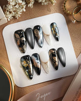 Poison Bloom press-on nails — Black & Gold, Sculpted Marble. handmade nail art by Joyee Nails