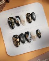 Poison Bloom press-on nails — Black & Gold, Sculpted Marble. handmade nail art by Joyee Nails