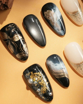 Poison Bloom nail art close-up showing Black & Gold, Sculpted Marble. details