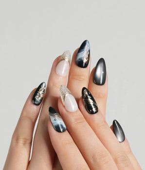 Poison Bloom press-on nail set — Black & Gold, Sculpted Marble. design, hand-painted with real gel polish