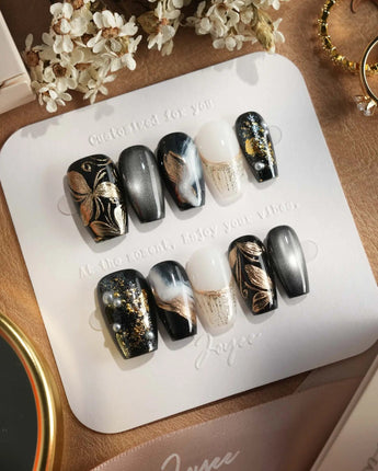 Poison Bloom press-on nails — Black & Gold, Sculpted Marble. handmade nail art by Joyee Nails