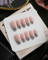 Polaris chrome French press on nails, nude base with an icy blue silver tip and a gold hand-drawn line - image 2