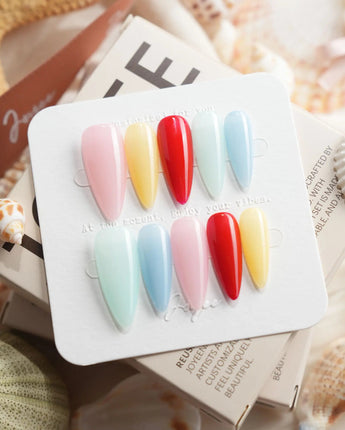 Popsicle color block press-on nails in medium stiletto shape