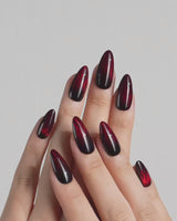 Burn press-on nails — Dark Red Cat Eye, Flowing Flame Texture. handmade nail art by Joyee Nails