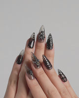 Devil Charm press-on nails — Sheer Black Gothic, 3D Skull & Dark Aesthetic. handmade nail art by Joyee Nails