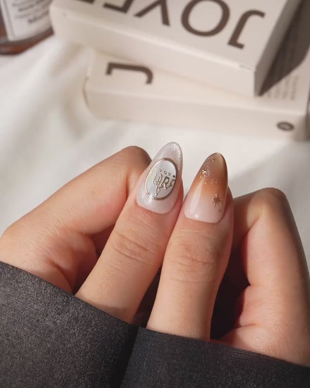Beauty and the Beast Short Almond with brown luxury non-3D handmade press-on nails - product video