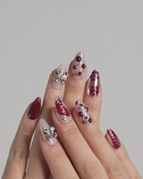 Silver Butterfly press-on nails — Silver & Red Gothic, 3D Bows & Blood Drops. handmade nail art by Joyee Nails