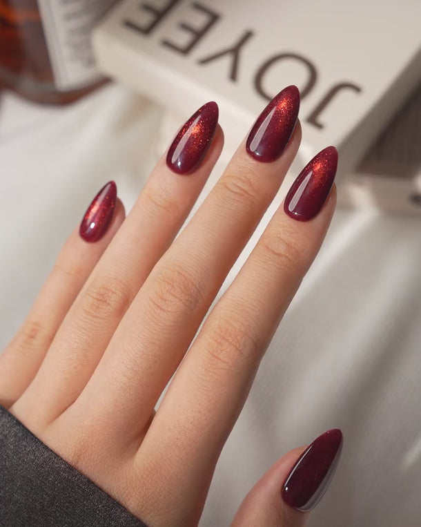 Jewel Cat Eye Garnet (CE186) magnetic velvet handmade press-on nails - product video