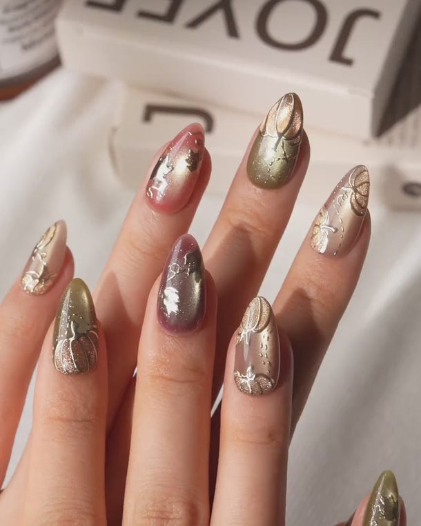 Golden Pumpkin Short Almond with brown luxury non-3D cat eye handmade press-on nails - product video