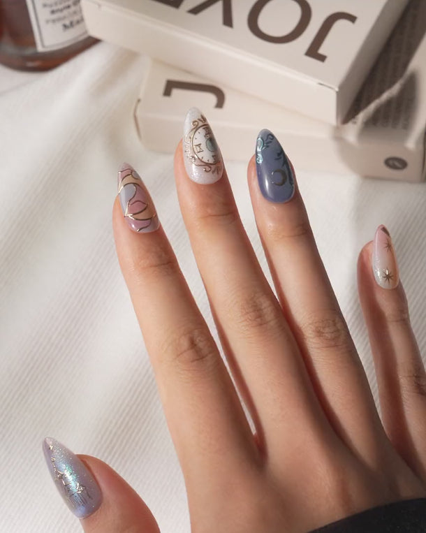 Cinderella Short Almond with multicolored elegant non-3D handmade press-on nails - product video 3