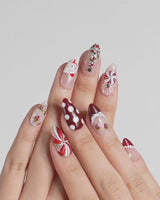 Holiday Party press-on nails — pearl nude cat eye snowflake bow silver glitter soft sheen handmade nail art by Joyee Nails