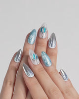 Frozen Dream press-on nails — ice blue ombre silver chrome snowflake charm handmade nail art by Joyee Nails