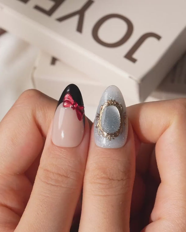 Snow White Medium Almond with multicolored cute 3D handmade press-on nails - product video