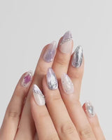 The Cygnus press-on nails — silver lilac cat eye feather chrome rhinestone cat eye effect handmade nail art by Joyee Nails