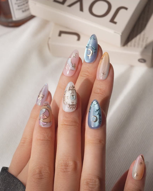 Cinderella Short Almond with multicolored elegant non-3D handmade press-on nails - product video 1