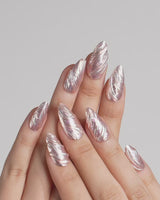 Velvet Twist press-on nails — Pink silver chrome swirl 3D sculpted glitter overlay handmade nail art by Joyee Nails